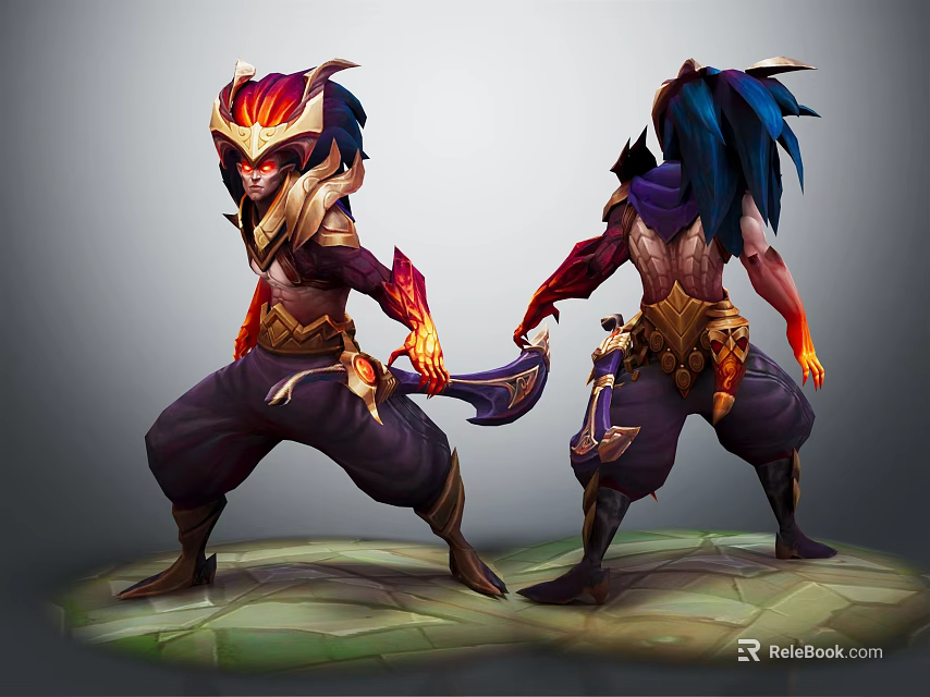 Dual Fantasy Character Design With Red Gold Armor Blue Hair Flame Effects And Combat Stance 3d model 