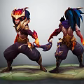 Dual Fantasy Character Design With Red Gold Armor Blue Hair Flame Effects And Combat Stance
