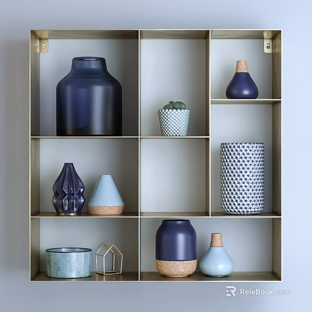 Stylish Ceramic Vessels With Blue Tones Various Shapes And Geometric Patterns On Display Shelf 3d model 
