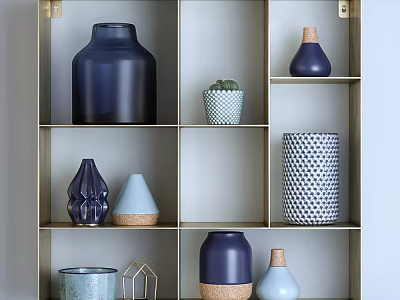 Stylish Ceramic Vessels With Blue Tones Various Shapes And Geometric Patterns On Display Shelf 3d model