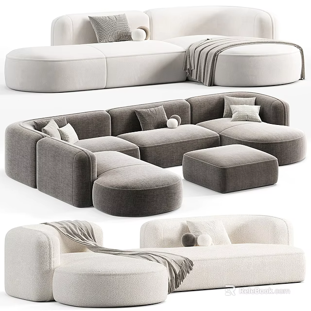 Modern Sectional Sofa with Soft Fabric Decorative Pillows and Matching Ottoman for Cozy Living Room 3d model 