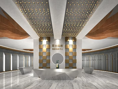 Elegant Front Desk Reception Area With Marble Floor Gold Accent Ceiling And Wooden Side Cabinets 3d model