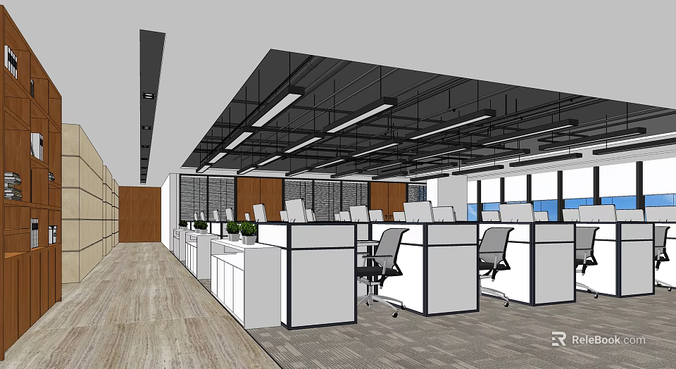 Modern Public Office Space With Cubicles Office Chairs Computers And Ceiling Lights 3d model