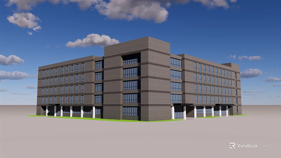 Gray Office Building With Large Windows Multi Story Structure Blue Sky White Clouds Green Lawn 3d model 