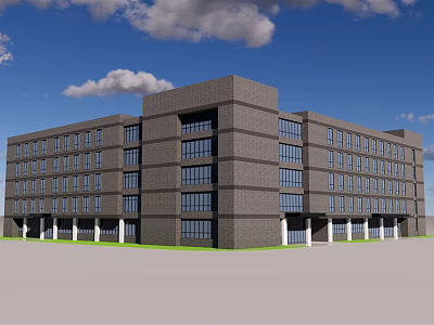 Gray Office Building With Large Windows Multi Story Structure Blue Sky White Clouds Green Lawn 3d model