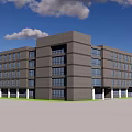 Gray Office Building With Large Windows Multi Story Structure Blue Sky White Clouds Green Lawn