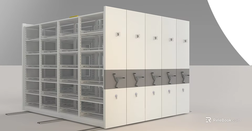 White Storage Cabinet With Glass Doors Lockable Compartments And Mobile Tracks 3d model 