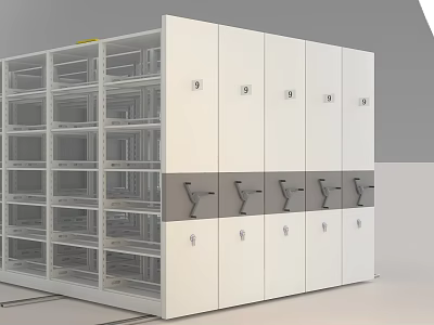 White Storage Cabinet With Glass Doors Lockable Compartments And Mobile Tracks 3d model
