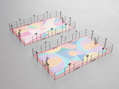 Two Colorful Basketball Courts With Fencing Lighting And Multi Colored Floors 3d model
