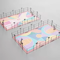 Two Colorful Basketball Courts With Fencing Lighting And Multi Colored Floors