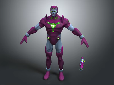 Purple Game and Movie Character With Green Glowing Chest Core Gray Details and Miniature Version 3d model