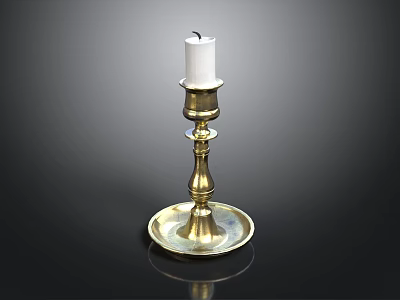 Brass Candlestick With White Candle On Black Background And Ornate Base 3d model