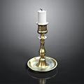 Brass Candlestick With White Candle On Black Background And Ornate Base