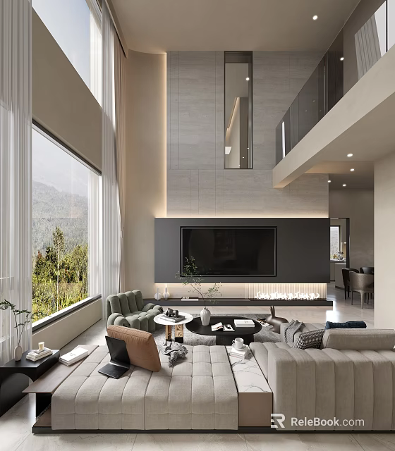 Modern Loft Living Room Interior With Large Windows And Mountain View 3d model