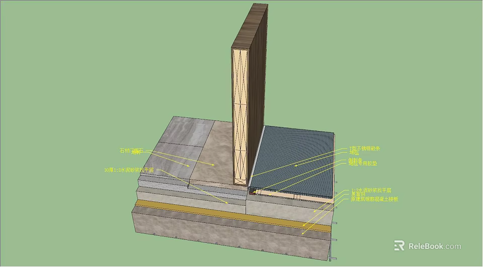 Building Wall Component Featuring Wooden Panel Layered Concrete Base Insulation And Waterproof Layers 3d model