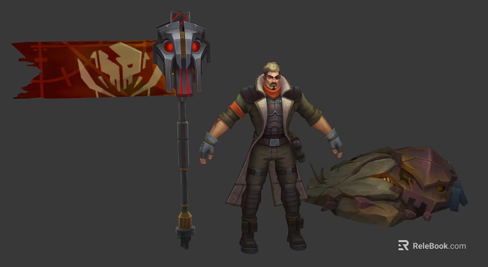Male Warrior Game Character With Large Battle Hammer Red Eyes And Skull Banner 3d model 