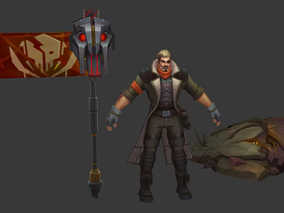 Male Warrior Game Character With Large Battle Hammer Red Eyes And Skull Banner 3d model