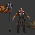 Male Warrior Game Character With Large Battle Hammer Red Eyes And Skull Banner