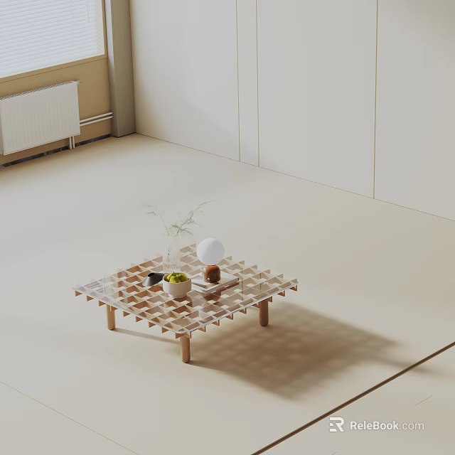 Modern Minimalist Sofa Coffee Table Set With Grid Design Wooden Legs And Decorative Items 3d model 