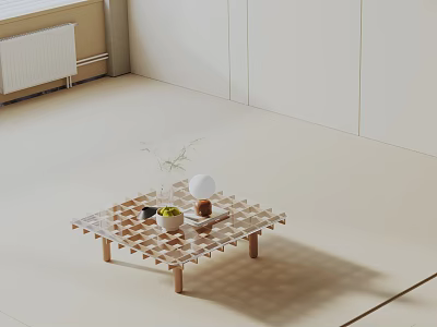 Modern Minimalist Sofa Coffee Table Set With Grid Design Wooden Legs And Decorative Items 3d model