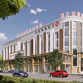 Modern Hotel Building Exterior View With Street Cars And Green Trees