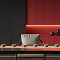 Modern Tea Room With Dark Walls Red Accents And Plants