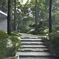 Tranquil Scenic Garden With Tall Trees Stone Steps Pebble Path And Bushes