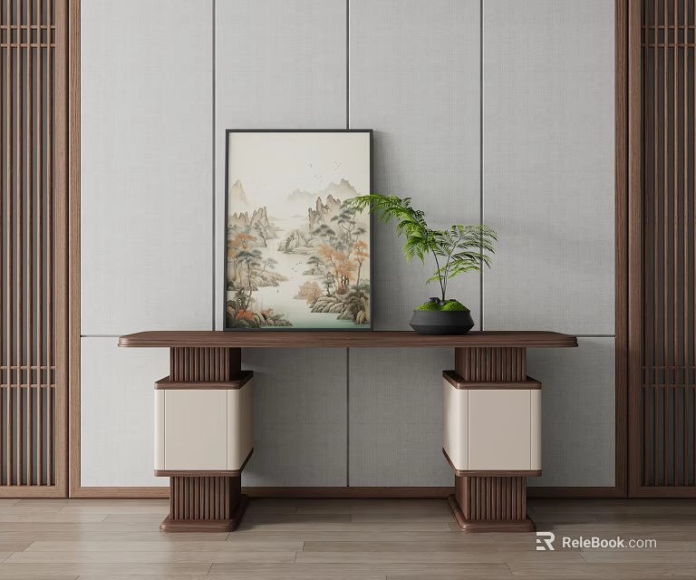 Chinese Style Console Table With Chinese Landscape Painting And Potted Plant On Gray Wall Background 3d model 