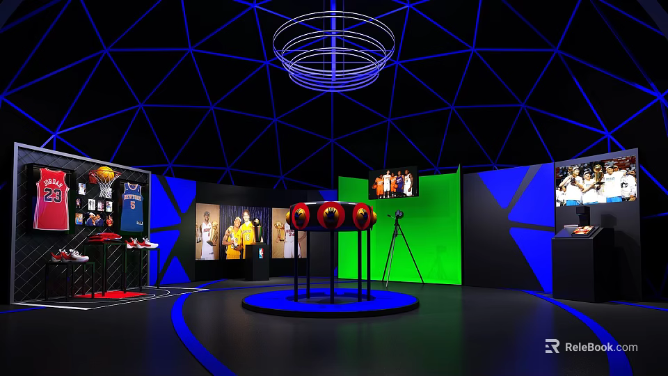 Modern Exhibition Space With Geometric Ceiling Blue Lighting And Red Displays 3d model 