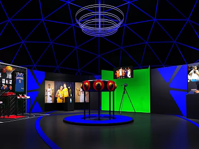 Modern Exhibition Space With Geometric Ceiling Blue Lighting And Red Displays 3d model