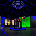 Modern Exhibition Space With Geometric Ceiling Blue Lighting And Red Displays