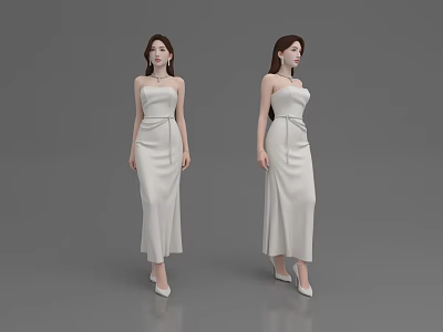 Women Wearing White Strapless Long Dresses In Different Poses Against Gray Background 3d model