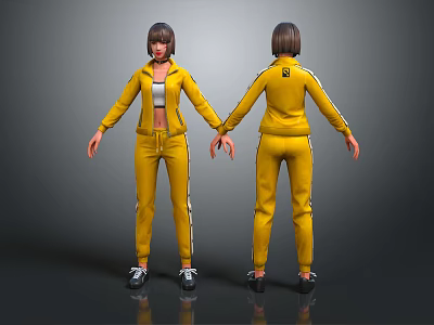 3D Female Character In Yellow Tracksuit With White Stripes Front And Back View Design 3d model