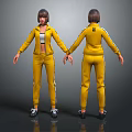 3D Female Character In Yellow Tracksuit With White Stripes Front And Back View Design