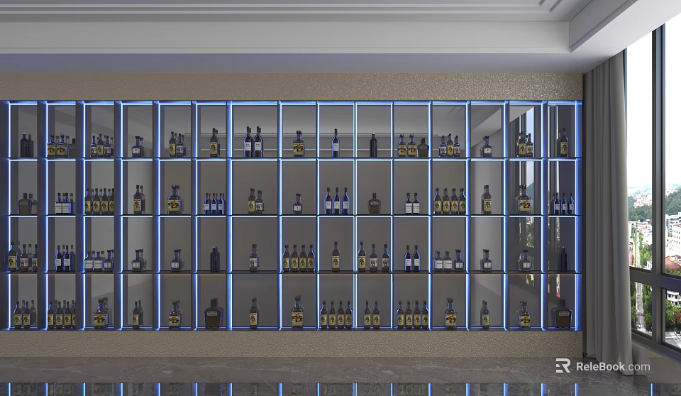 Modern Glass Door Storage Cabinet with LED Lighting and Bottles 3d model 