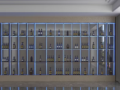 Modern Glass Door Storage Cabinet with LED Lighting and Bottles 3d model