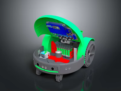 Green Wheeled Robot With Open Lid Showing Internal Electronic And Mechanical Parts 3d model
