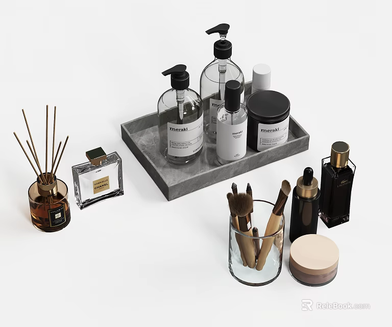 Elegant Perfume And Cosmetics Display With Skincare Bottles Makeup Brushes And Reed Diffusers 3d model