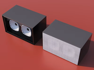 Modern Black Audio Speakers with Visible Drivers and Mesh Grille on Red Background 3d model
