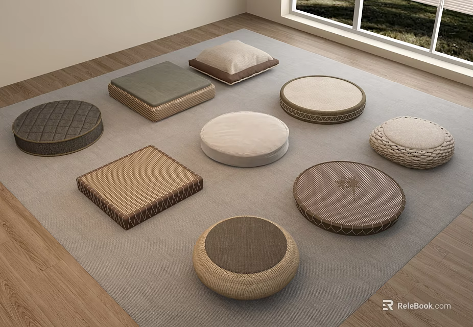 Various Shaped Floor Cushions In Different Materials On Gray Carpet Near Window 3d model 