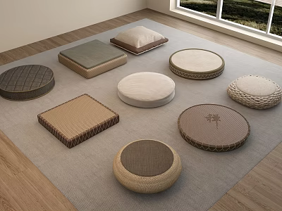 Various Shaped Floor Cushions In Different Materials On Gray Carpet Near Window 3d model