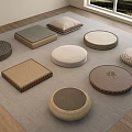 Various Shaped Floor Cushions In Different Materials On Gray Carpet Near Window