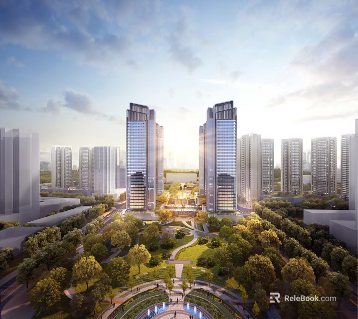 Modern High Rise Residential Buildings Surrounded by Greenery and Urban Park with City Landscape 3d model 