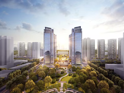 Modern High Rise Residential Buildings Surrounded by Greenery and Urban Park with City Landscape 3d model