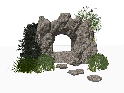 Decorative Garden Ornament With Rock Archway Surrounding Green Plants And Stone Stepping Stones 3d model