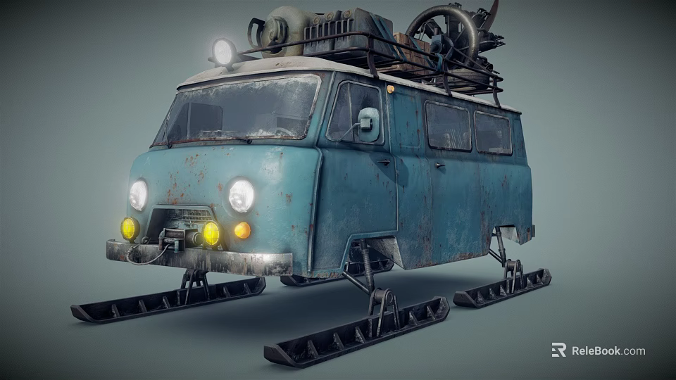 Old Blue Weathered Van With Ski Tracks For Off Road And Roof Mounted Mechanical Equipment 3d model 