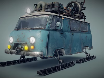 Old Blue Weathered Van With Ski Tracks For Off Road And Roof Mounted Mechanical Equipment 3d model