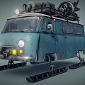 Old Blue Weathered Van With Ski Tracks For Off Road And Roof Mounted Mechanical Equipment