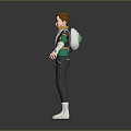 3D Game Movie Character With Brown Short Hair Green Yellow Outfit Gray Pants White Boots
