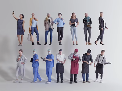 Diverse Group of People With Various Professions Different Attires And Poses 3d model